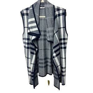OST Navy Plaid Cotton Cashmere Long Open Sweater NWT Sz. L